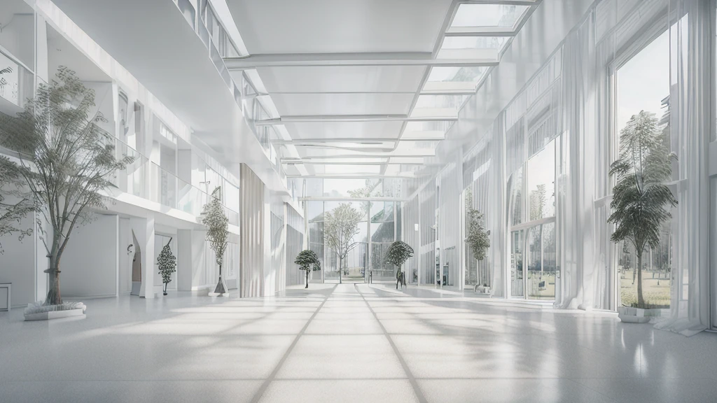 there is a long hallway with a lot of windows and trees, hallway landscape, all white render, infinite hallway, white minimalist architecture, tall entry, inside a tall vetical room, well lit 3 d render, indoor liminal space, liminal space hallway, commercial lighting, corridor, white ceiling, minimalistic and beautiful, white building, crisp smooth clean lines