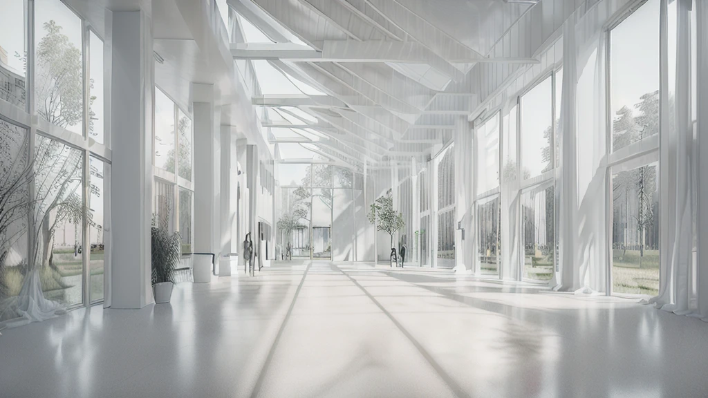 there is a long hallway with a lot of windows and trees, hallway landscape, all white render, infinite hallway, white minimalist architecture, tall entry, inside a tall vetical room, well lit 3 d render, indoor liminal space, liminal space hallway, commercial lighting, corridor, white ceiling, minimalistic and beautiful, white building, crisp smooth clean lines