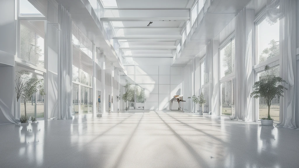 there is a long hallway with a lot of windows and trees, hallway landscape, all white render, infinite hallway, white minimalist architecture, tall entry, inside a tall vetical room, well lit 3 d render, indoor liminal space, liminal space hallway, commercial lighting, corridor, white ceiling, minimalistic and beautiful, white building, crisp smooth clean lines