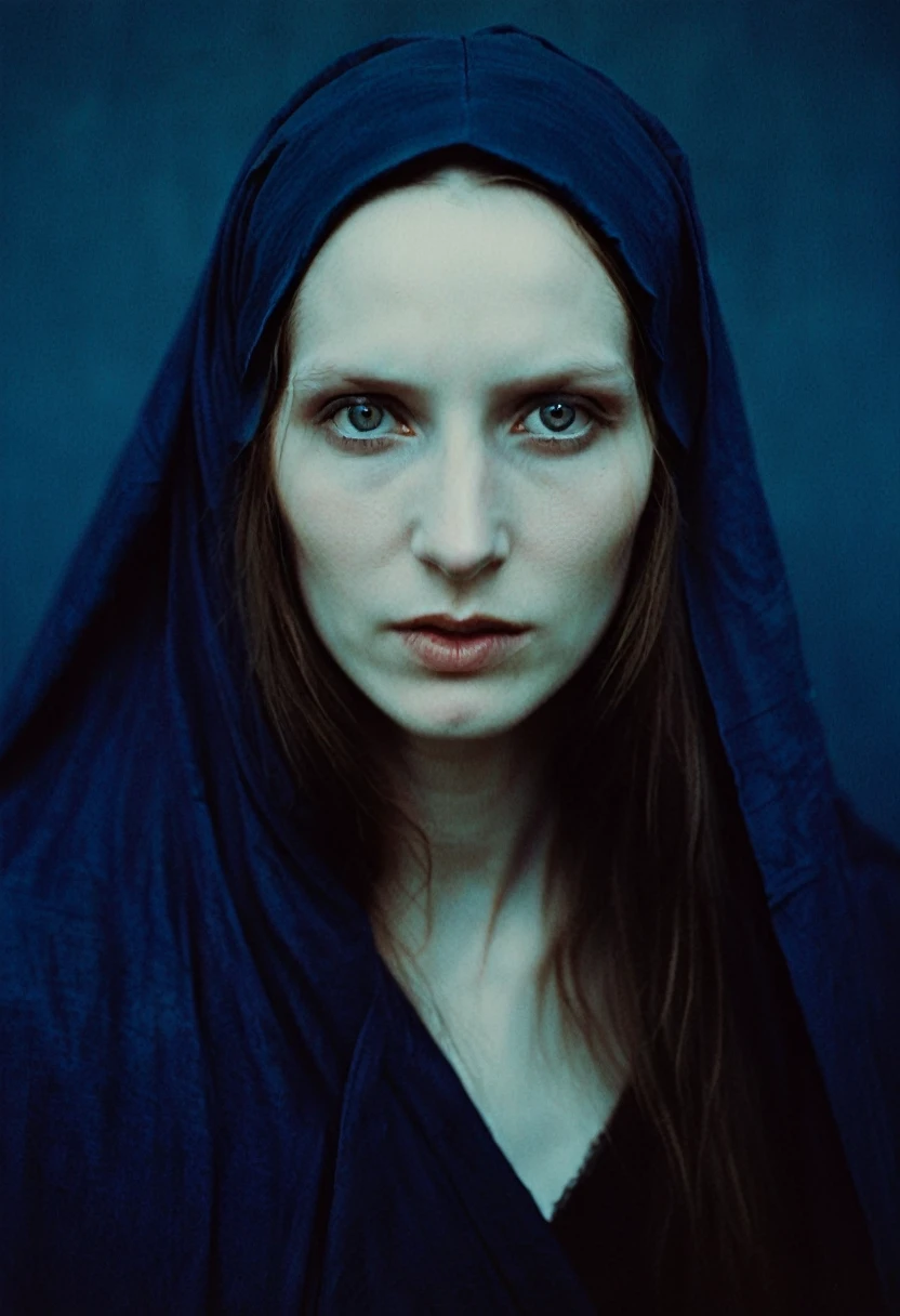intimate portrait photograph captures A beautiful evil slavic woman, pale skin, long hair, , in his 25s, with a deep blue turban and robes, covering most of his face, revealing only his weathered eyes. by anton corbijn, inspired by the works of jean-leon gerome and Titian, Low key lighting, Cinestill 800T