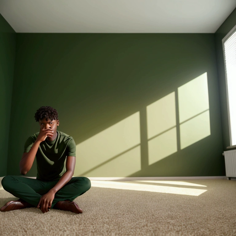 A young man in the corner of a room with a smooth dark green wall and a brown floor with carpet, with no objects. He wears short and modern clothes. Around the person, there are four frogs: a green frog further away, two black frogs, and a green frog. The composition creates an ethereal and surreal atmosphere.