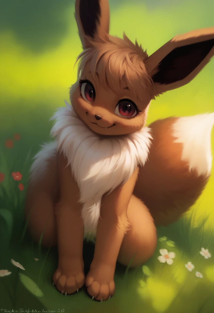 By Kenket, by totesfleisch8, (By thebigslick, From silverfox5213:0.8), (by Shuro:0.2), Pokekid, Eevee, fluffy girl, hairy girl, woman, smile, smile, She has a big cute ribbon in her hair, Have animal paws instead of hands, One girl, Highest quality, Outdoor, High resolution, cute,