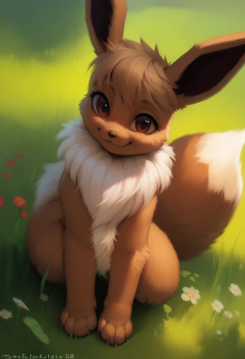 By Kenket, by totesfleisch8, (By thebigslick, From silverfox5213:0.8), (by Shuro:0.2), Pokekid, Eevee, fluffy girl, hairy girl, woman, smile, smile, She has a big cute ribbon in her hair, Have animal paws instead of hands, One girl, Highest quality, Outdoor, High resolution, cute,