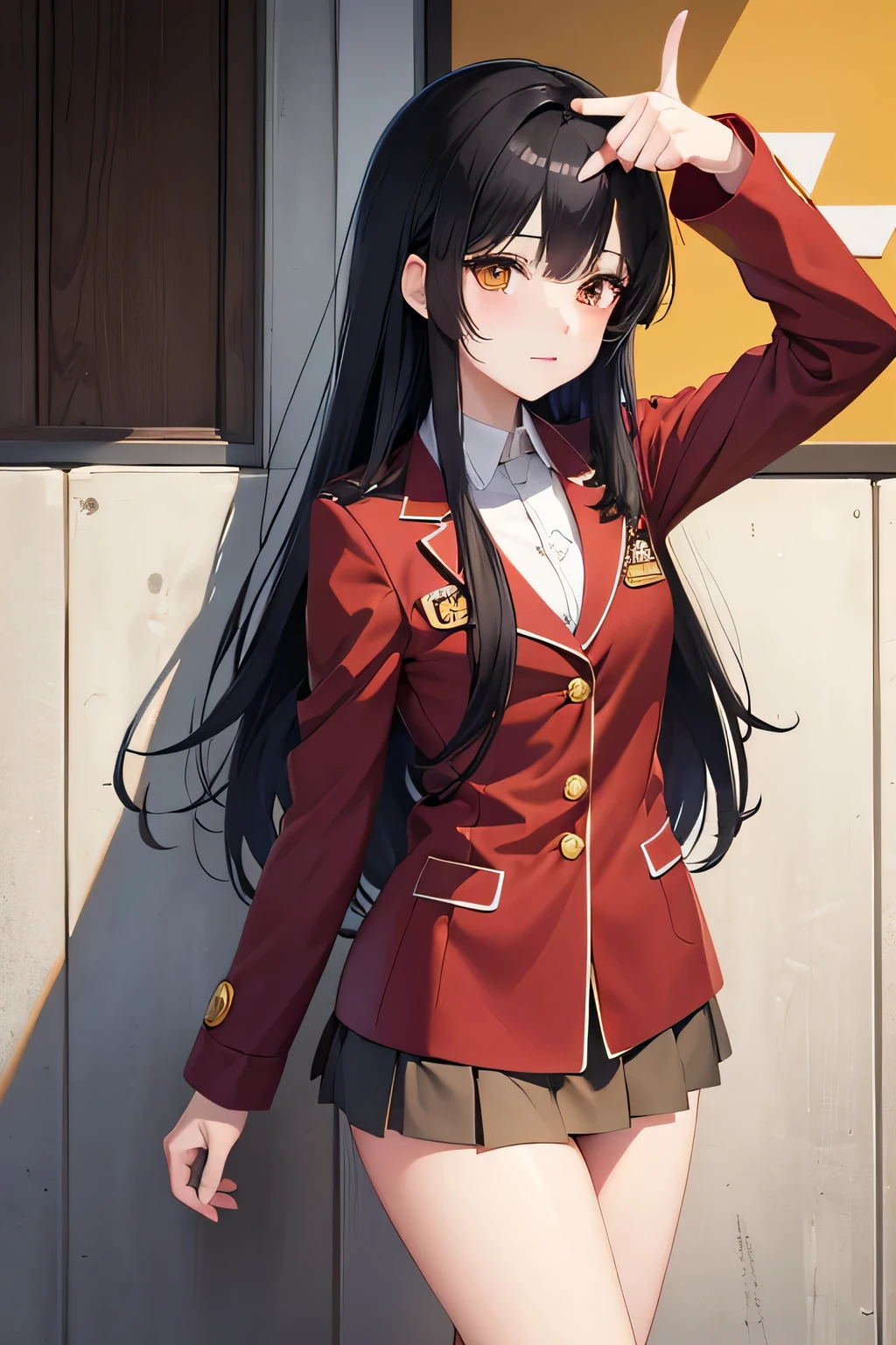 anime girl pointing at something, anime style flat shading, long straight black hair, brown eyes, anime pose, anime moe art style, with index finger, red jacket with lapels and yellow buttons, white plank miniskirt, door background a school and wall