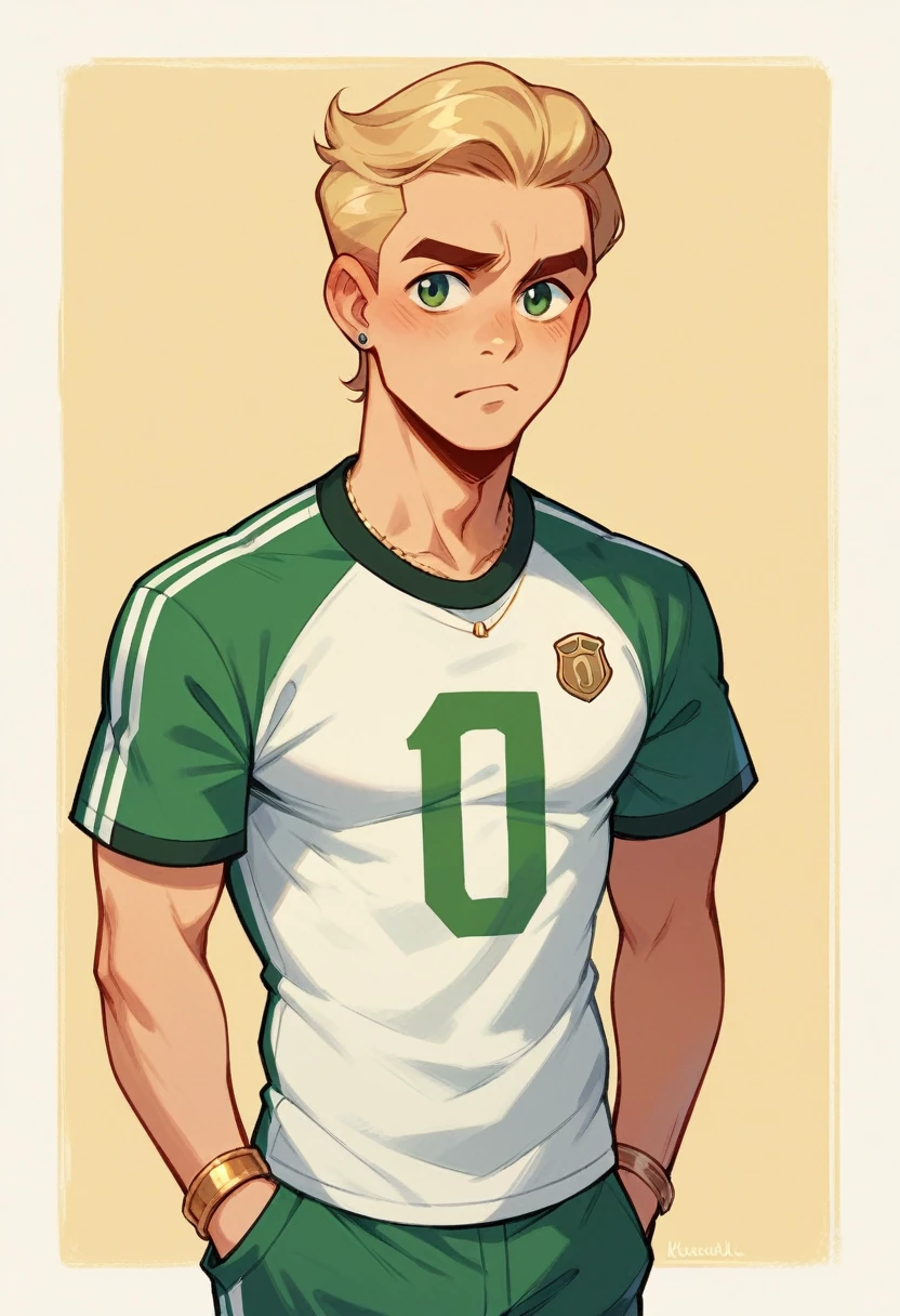 Create some soccer shirts, let it be green, with gold accents and having slightly workable cloverleaf patterns 