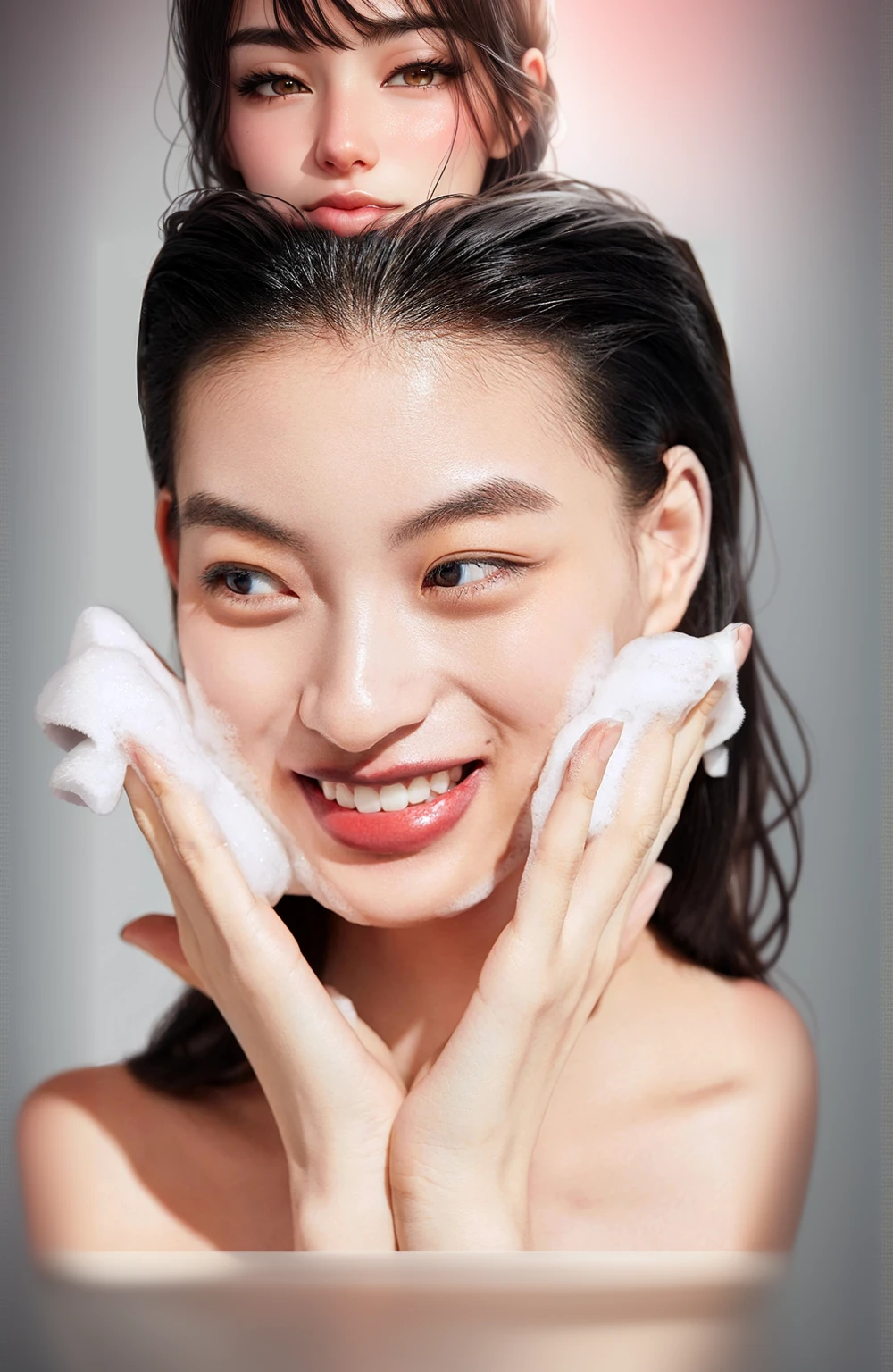 arafed 妇女用Towel to wipe your face,Towel to wipe your face, Blistering skin, cleanface and body skin, cleanface, skin care, clear cleanface, skin care, Skin is hydrated, Smooth and clean texture, photoshoot for skin care brand, Near Angle, Clean and refreshed face, Clean and refreshed face, Glowing and soft skin, detailed picture, Smooth and healthy skin