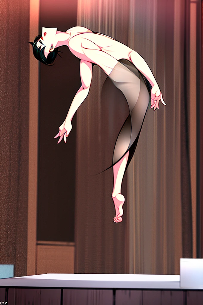 Yor Briar: Arms behind head to expose armpits Crouched down with  and legs exposed in front 