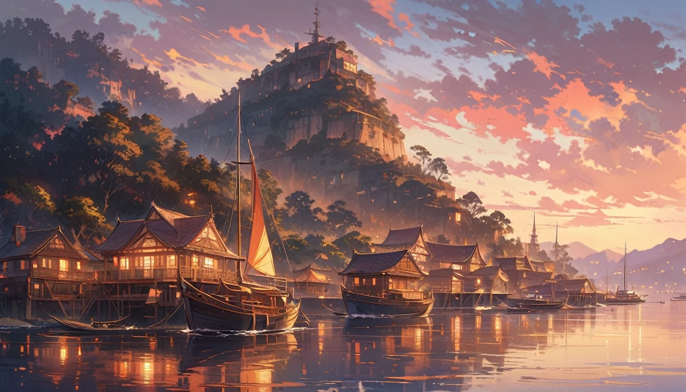 “It represents the British Colonization in Australia at dawn. The landscape shows the coast of Sydney in 1788: a wide bay with calm waters, small boats docked near the shore and hills covered with vegetation in the background. Use warm tones (Golden, oranges and pinks) for heaven. The style must be realistic, with sharp details on the boats, wooden structures and British settlers. Adds a soft glow around the rising sun and reflections in the water.”