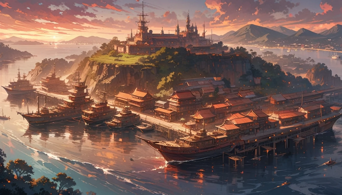“It represents the British Colonization in Australia at dawn. The landscape shows the coast of Sydney in 1788: a wide bay with calm waters, small boats docked near the shore and hills covered with vegetation in the background. Use warm tones (Golden, oranges and pinks) for heaven. The style must be realistic, with sharp details on the boats, wooden structures and British settlers. Adds a soft glow around the rising sun and reflections in the water.”