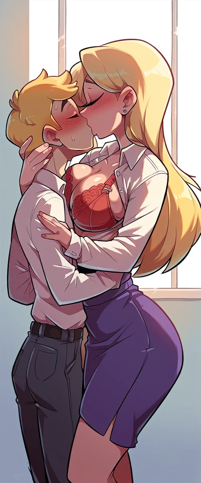 A sensual sexy woman beautiful big breast beautiful attraction long blonde yellow hair her gray eye wears white button down shirt office shows chest red bra and a short purple skirt she kisses young boy blushes she