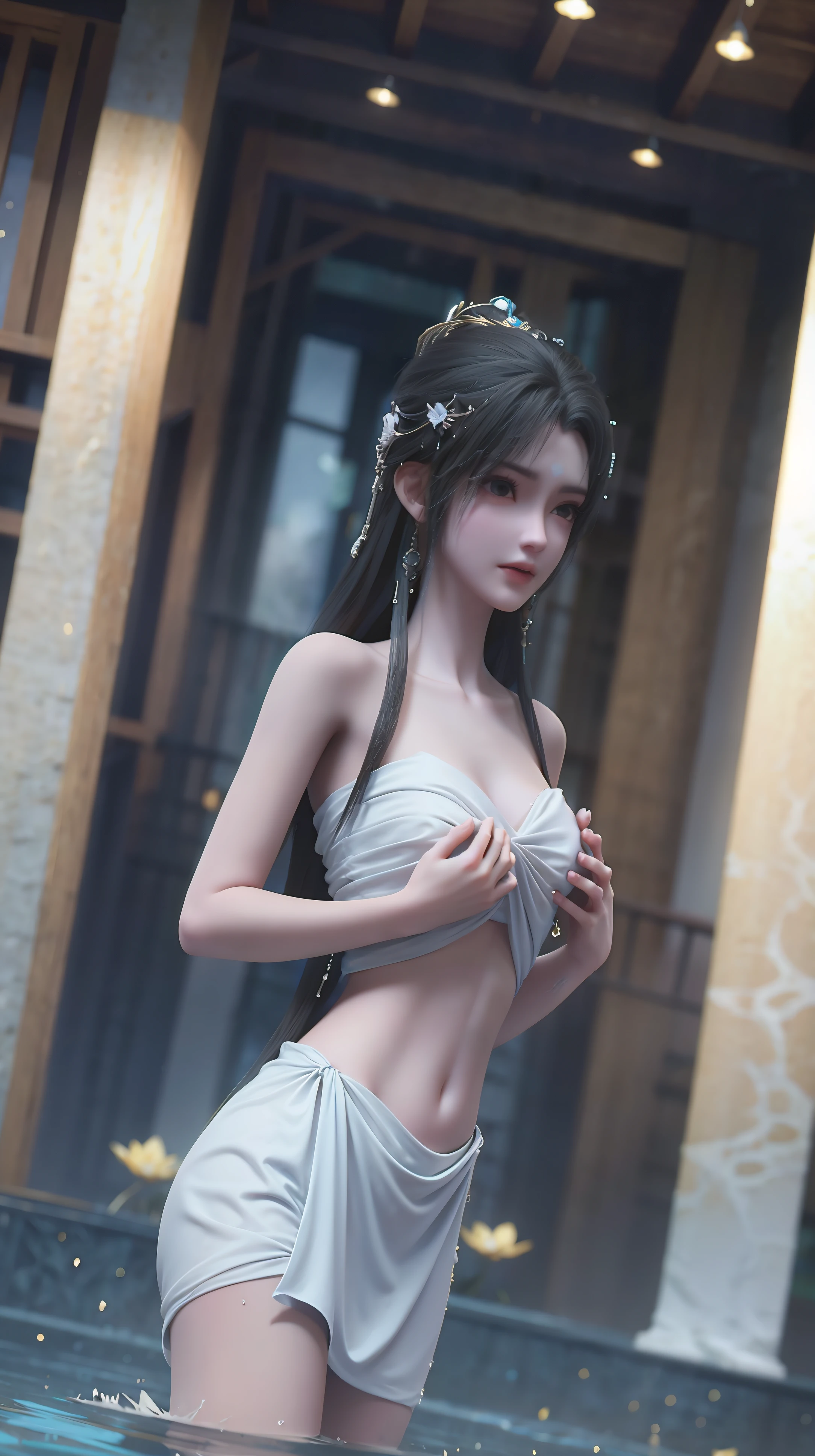 A girl bathing in water,Showering above the shoulders while bathing in water,Hold your hands to your chest,Cover your chest with your hands,Golden glowing lotus on the water