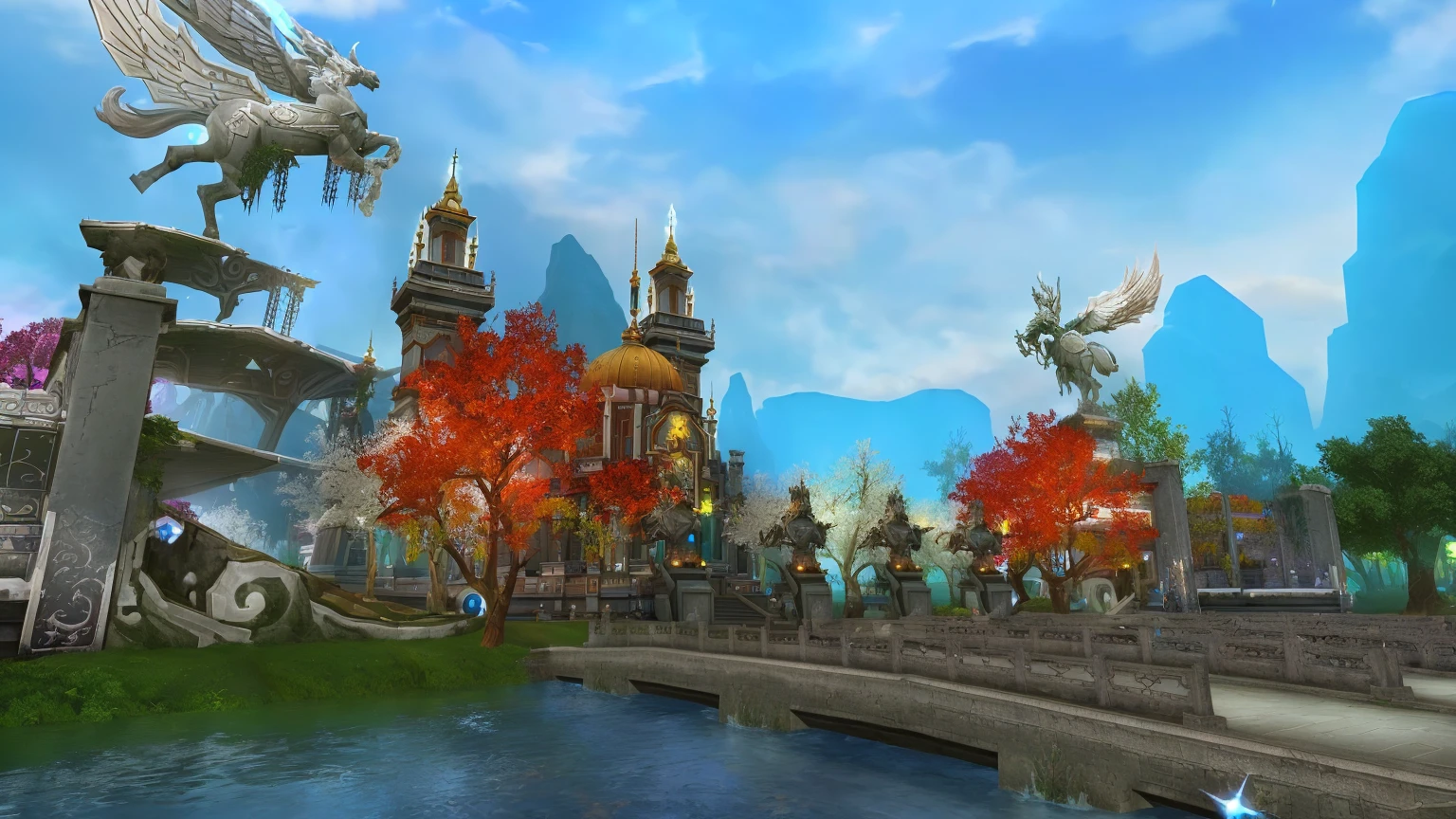 there is a bridge with a statue and a building in the background, world of warcraft screenshot, colorful warcraft architecture, kings row in the background, from wow, ingame image, beautiful screenshot, in world of warcraft, from world of warcraft, world of warcraft art style, inspired by Sheng Maoye, zenithal view, inspired by Ju Lian, stunning screenshot