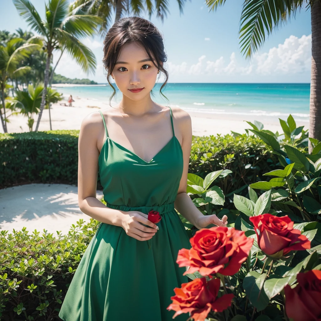 Wearing a green dress、A woman enjoying vacation at a tropical resort。With a red rose in my hand。