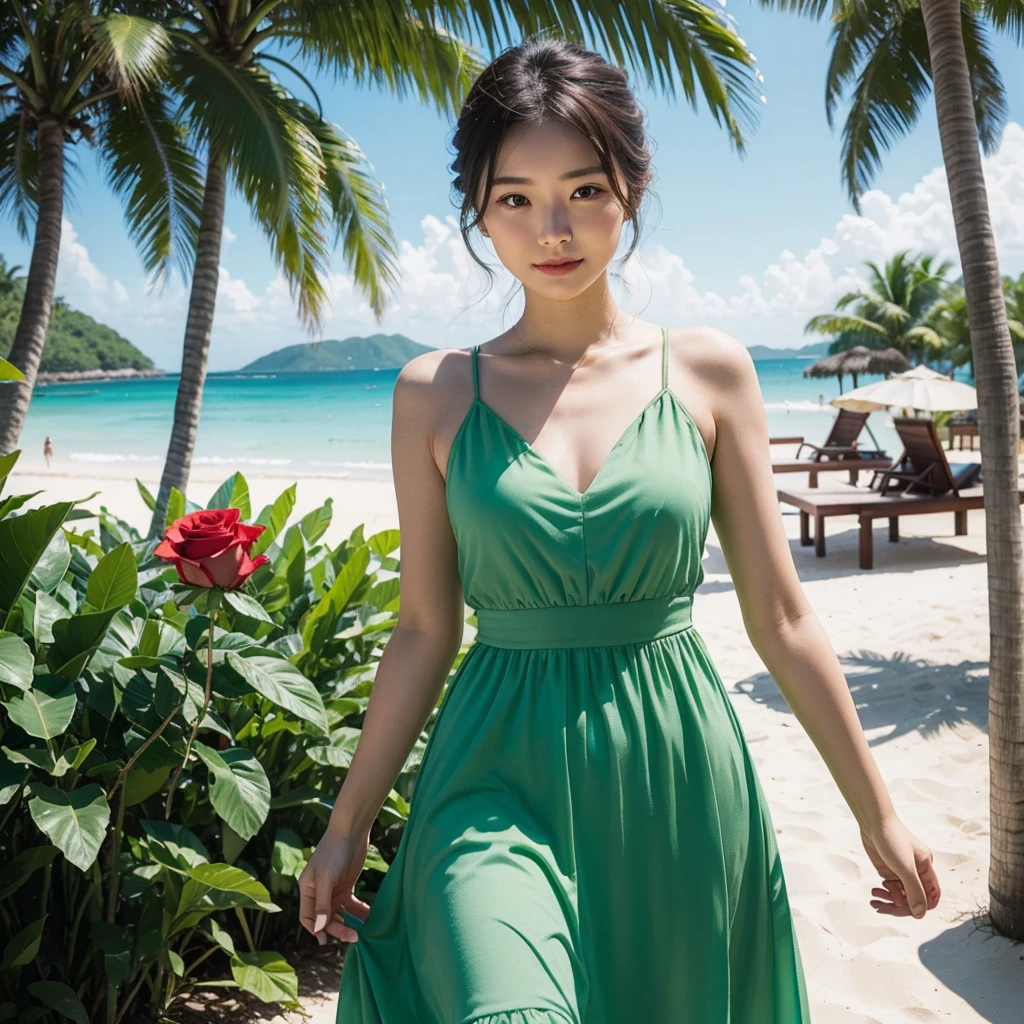 Wearing a green dress、A woman enjoying vacation at a tropical resort。With a red rose in my hand。