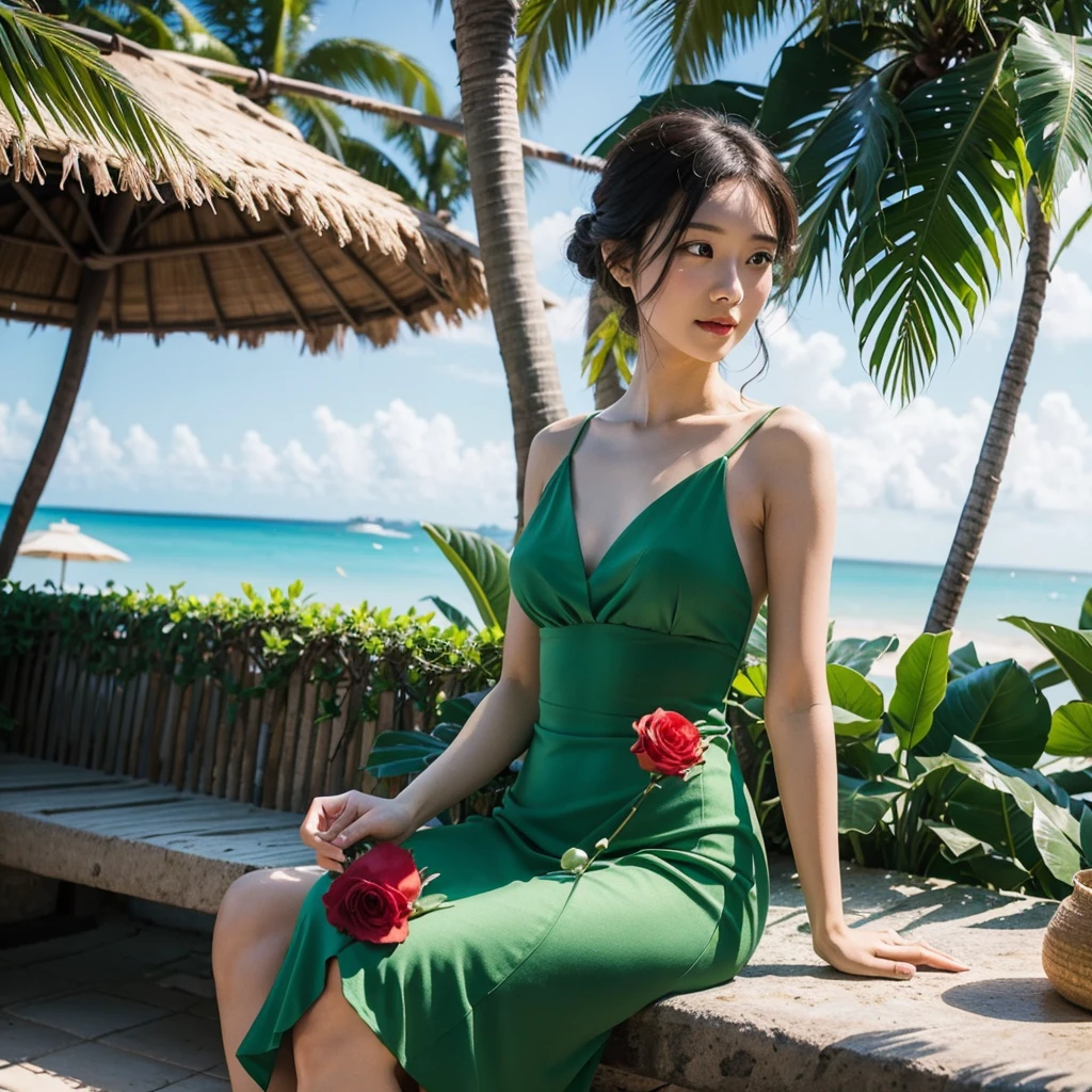 Wearing a green dress、A woman enjoying vacation at a tropical resort。With a red rose in my hand。