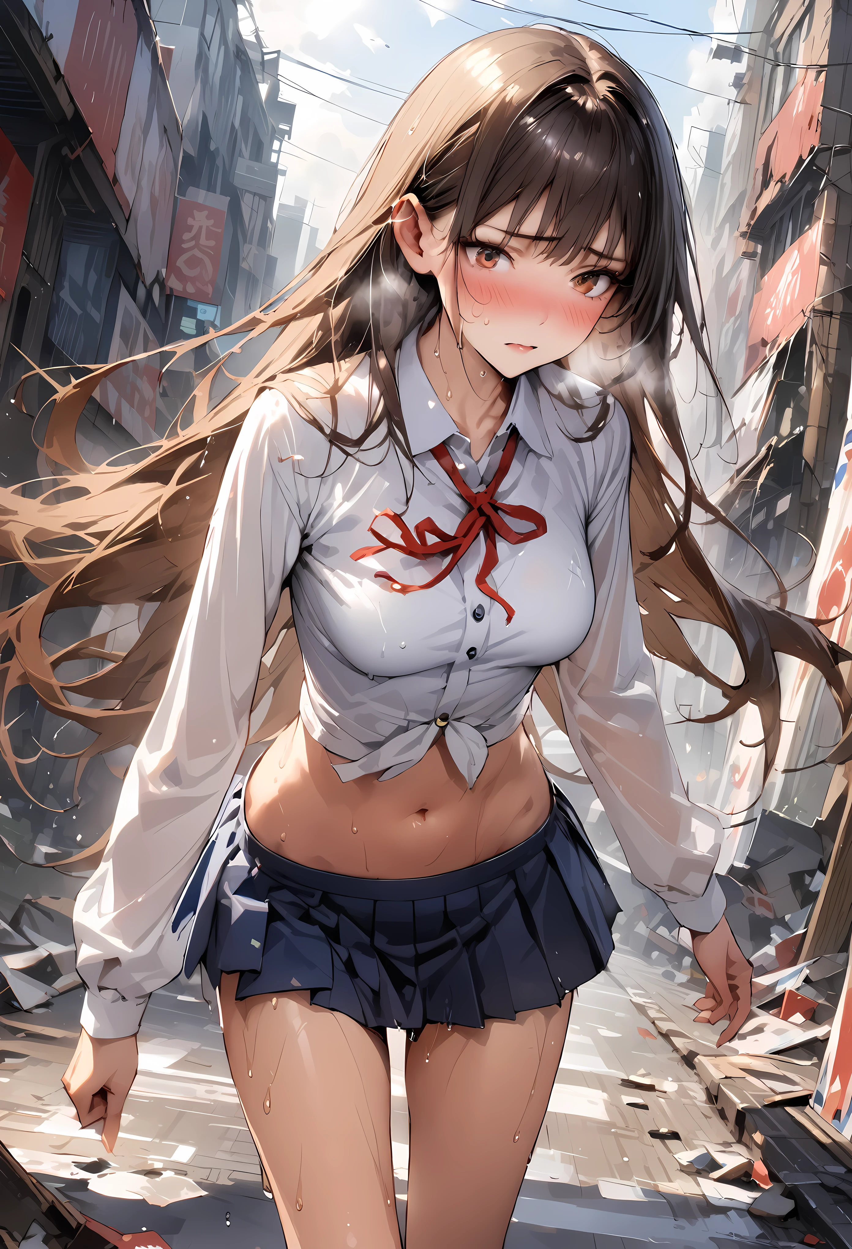 ((masterpiece,Highest quality:1.3,best quality illustration,realistic:1.3)),cowboy shot,solo,1woman,(18-year-old、Japanese Beauty)、brown hair,long hair,bangs,brown eyes,gorgeous eyes,((very small head:1.3)),blush,Heavy breathing,((very long body:1.2,skinny)),medium breasts,(Red ribbon tie、White collared shirt、Long sleeve navy blue pleated mini skirt),Wet crotch、sweat,gleaming skin,toned body,slender body,walk、on street,Collapsed building、shibuya.End of the World、