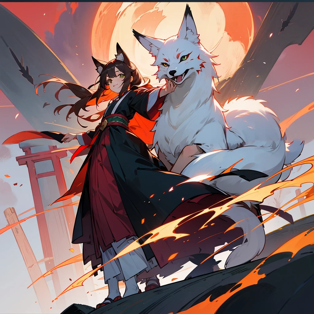 kawaii, anime, Cute, hyper quality, highly detailed, 16k, Front facing, Clarity, full body, smile, Inciting point of view, fox, A girl and a pure white fox, long brown hair, green eyes, yukata, cobblestone, red torii, A row of red torii gates, creepy laughter, worship path, cloudless dusk, Red Moon, A large number of black crows fly overhead, The black feathers of the crow are dancing, Shining big tree, Fantastic, evening, I have a pure white fox, White plum blossoms at my feet, carrying a fox, turn half your body, red sky without clouds, ominous, fox ears, wear a fox mask on your head, lined with trees, Crow wings grow on the girl's back, row of tall trees, light dances, spark effect, white kiwi flowers at my feet,