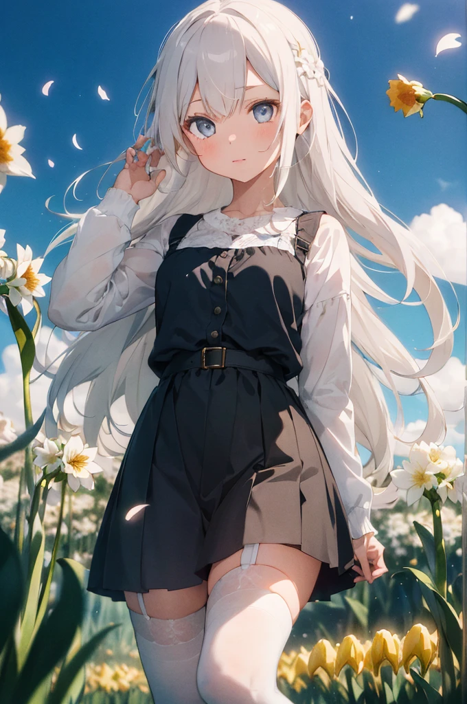 1girl, beautiful detailed eyes, long white hair, light grey eyes, , high white stocking, vivid, flower, daffodil, hyacinth, falling petals, , high contrast, ((masterpiece, best quality)), cinematic light, cinematic composition