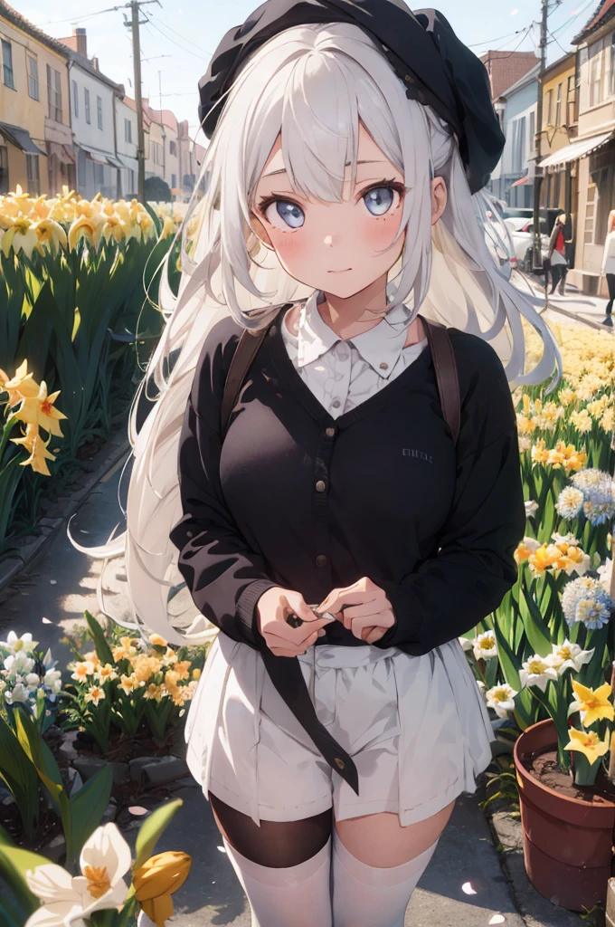 1girl, beautiful detailed eyes, long white hair, light grey eyes, , high white stocking, vivid, flower, daffodil, hyacinth, falling petals, , high contrast, ((masterpiece, best quality)), cinematic light, cinematic composition
