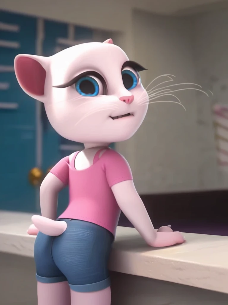 solo focus, a_la, 1girl, cat, white fur, long whiskers on both sides of the face, large bright blue eyes, large black eyelashes, small pink nose, triangular ears with pink channels, G-Whiz position, short jeans, looking back, score_9, score_8_up, score_7_up,