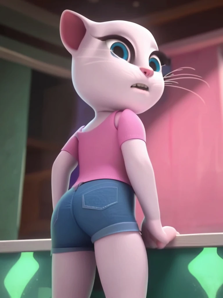 solo focus, a_la, 1girl, cat, white fur, long whiskers on both sides of the face, large bright blue eyes, large black eyelashes, small pink nose, triangular ears with pink channels, G-Whiz position, short jeans, looking back, score_9, score_8_up, score_7_up,