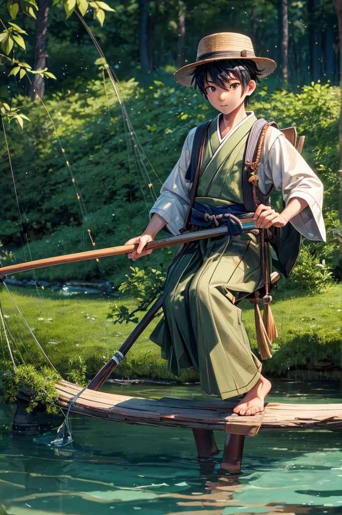 A Japanese boy with hat sitting on wood keep his legs in water holding fishing stick with right hand surrounded with full of green trees, tree shadows falling on him, detailed boy, detailed face, detailed dress, detailed fishing stick, detailed trees, detailed water, detailed hat, detailed shadows, best quality, highly detailed, masterpiece, 8k scene.