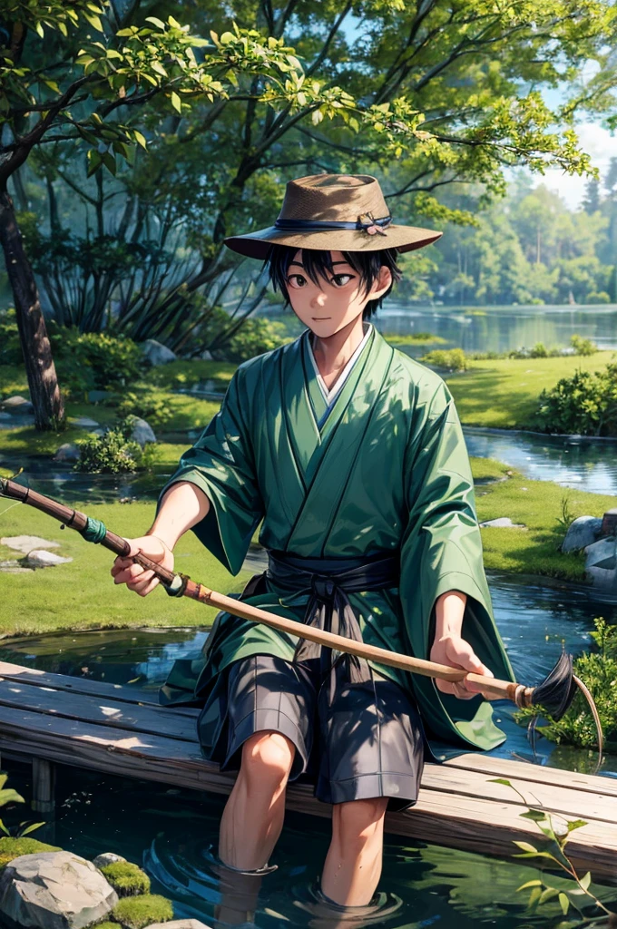 A Japanese boy with hat sitting on wood keep his legs in water holding fishing stick with right hand surrounded with full of green trees, tree shadows falling on him, detailed boy, detailed face, detailed dress, detailed fishing stick, detailed trees, detailed water, detailed hat, detailed shadows, best quality, highly detailed, masterpiece, 8k scene.