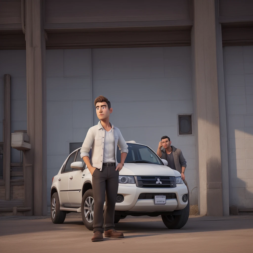 Create a digital painting illusion for a profile picture where a man standing and looking his own white car mitsubishi Pajero sport , front and side of the car, car logo must be visible. Man looking towards the car, full picture of the car and person.
