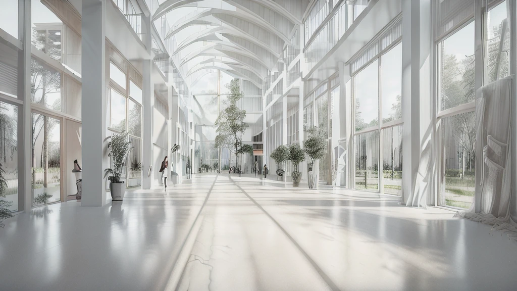 there is a long hallway with a lot of windows and trees, hallway landscape, all white render, infinite hallway, white minimalist architecture, tall entry, inside a tall vetical room, well lit 3 d render, indoor liminal space, liminal space hallway, commercial lighting, corridor, white ceiling, minimalistic and beautiful, white building, crisp smooth clean lines