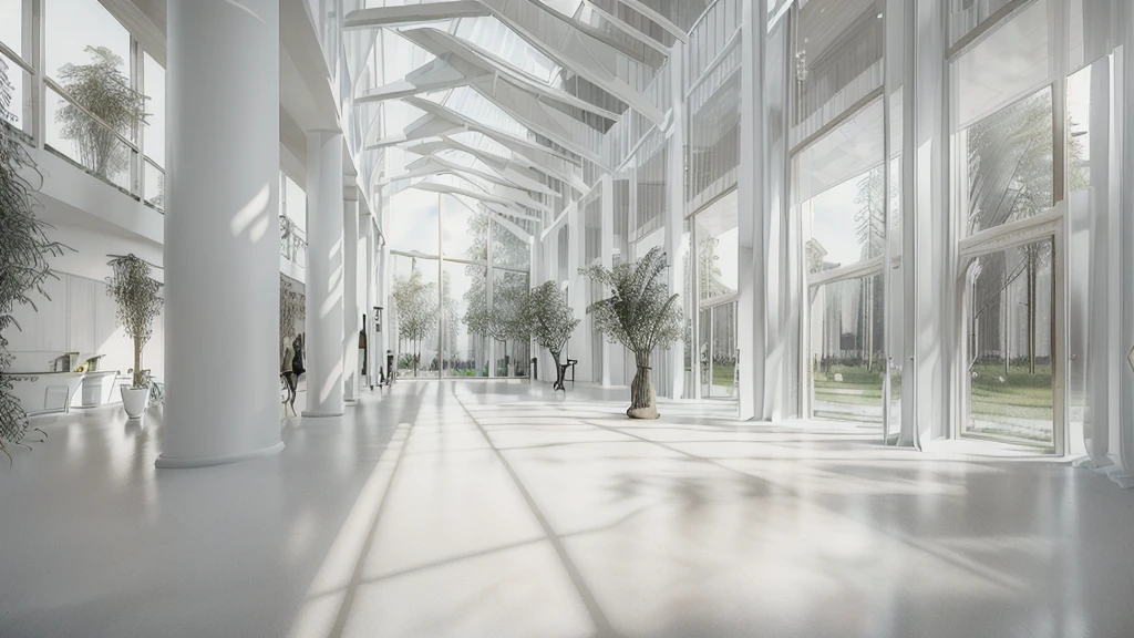 there is a long hallway with a lot of windows and trees, hallway landscape, all white render, infinite hallway, white minimalist architecture, tall entry, inside a tall vetical room, well lit 3 d render, indoor liminal space, liminal space hallway, commercial lighting, corridor, white ceiling, minimalistic and beautiful, white building, crisp smooth clean lines