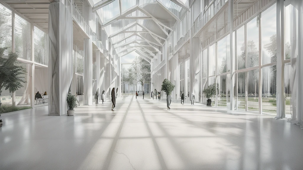 there is a long hallway with a lot of windows and trees, hallway landscape, all white render, infinite hallway, white minimalist architecture, tall entry, inside a tall vetical room, well lit 3 d render, indoor liminal space, liminal space hallway, commercial lighting, corridor, white ceiling, minimalistic and beautiful, white building, crisp smooth clean lines