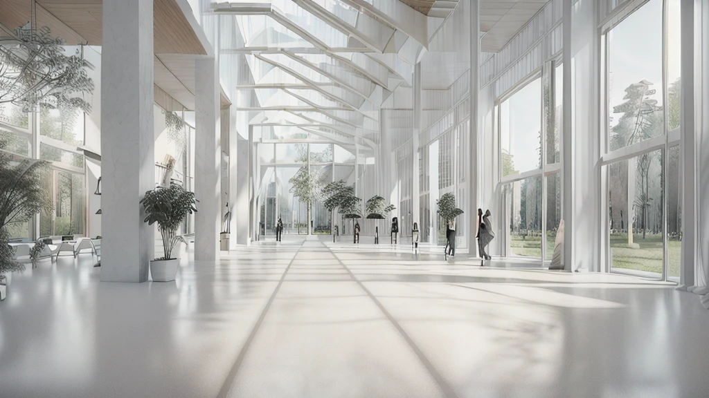 there is a long hallway with a lot of windows and trees, hallway landscape, all white render, infinite hallway, white minimalist architecture, tall entry, inside a tall vetical room, well lit 3 d render, indoor liminal space, liminal space hallway, commercial lighting, corridor, white ceiling, minimalistic and beautiful, white building, crisp smooth clean lines