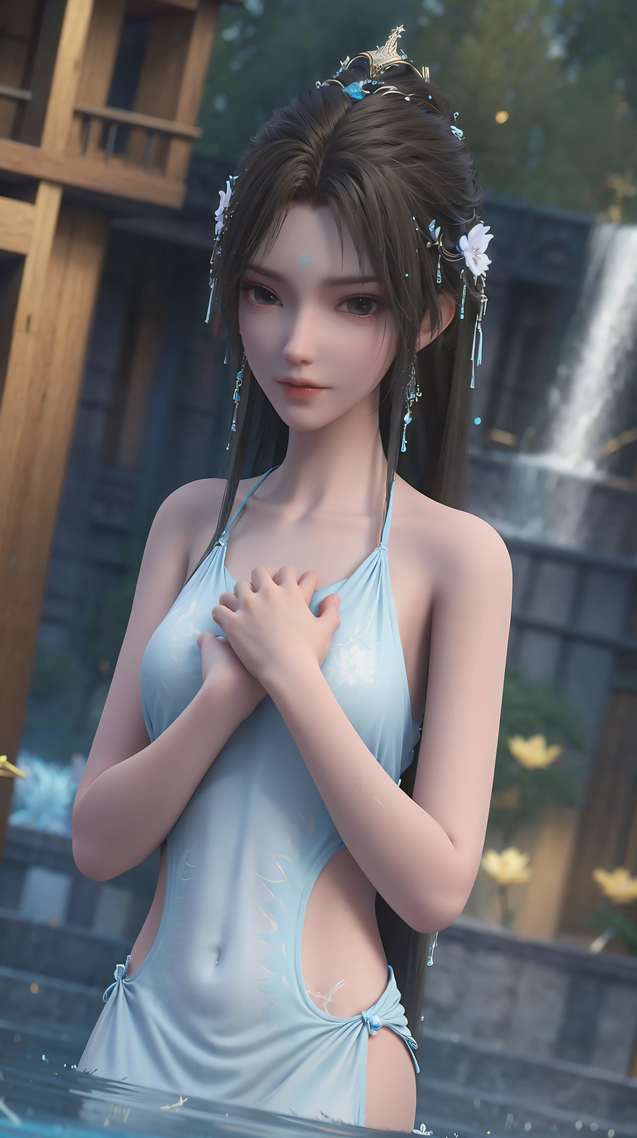 A girl bathing in water，Showering above the shoulders while bathing in water，No clothes，Hold your hands to your chest，Cover your chest with your hands，Blue glowing lotus flowers on the water