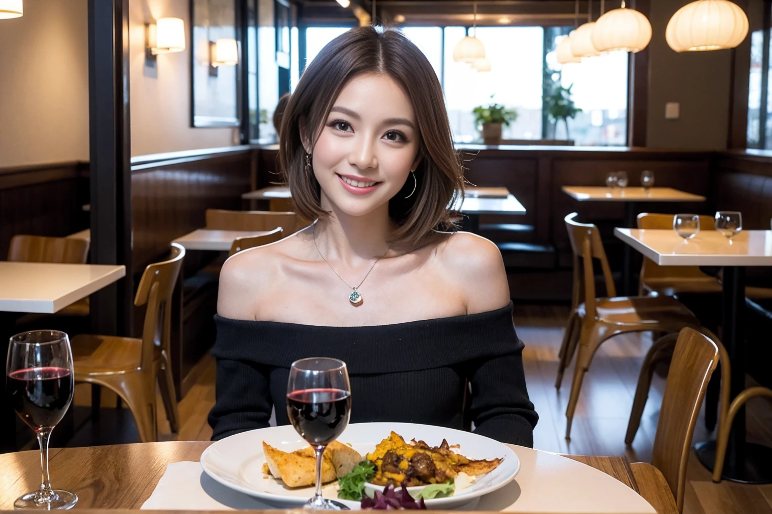 ((Highest quality、8K、masterpiece:1.3))、cute、slimカップル、modelカップル、actress男優、(Realistic, Intricate details:1.2), full-course dinner、Wine Party、Amazing view of the sunset sky and clouds、A bright smile、short hair,Bright Face、 (Age 44), 42 years old, red wine 、Appetizers、Italian food、Wine bottle、Champagne、sparkling wine、Two beauties、Brown Hair、Shortcuts、Long sleeve shirt、dress、Beautiful woman 1, (slimな顔), (The body is slim), (Brown Hair), (Shortcuts), cheeks turn a little red,Attractive beauty、restaurant, In a prominent place (From the waist up) Nova Frog Style, actress, model, Upper Body, White wine, slim, wine glass, 中央に置かれたwine glass, smile, (smile: 1.15), Beautiful fine grain, Depth f/2,saturation, High Contrast, Strong light and shadow,Moist Body:1.5、3D texture、Delicate eyes、Brown Hair、The hair is very shiny、