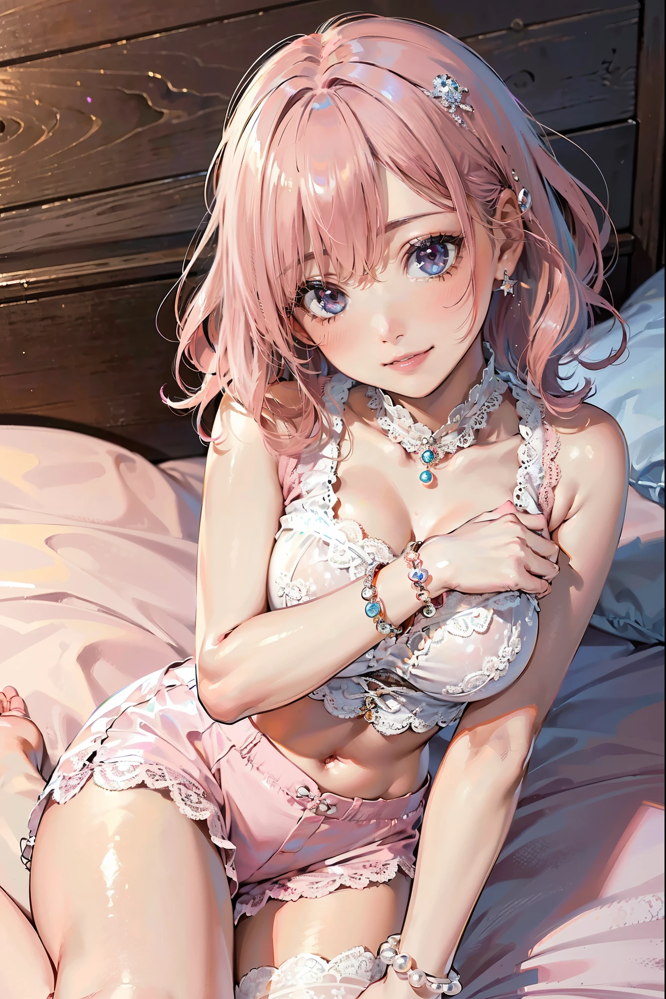 (masterpiece, Highest quality:1.3), (Super detailed:1.2), (hyperRealistic:1.3), (RAW Photos:1.2), High-definition RAW color photos, Professional photos, (PhotoRealistic:1.4), (Realistic:1.4), (Pink Hair:1.5), Professional Lighting, Perfect Anatomy, (Big Breasts:1.2), (blush, Detailed face), (Happy smile:1.7), Sexy, erotic Sexy, Random sexy gravure poses, (Beautiful woman wearing white lace bustier and shorts、Lying in bed, 髪をSexy後ろになびかせて。Pearl anklets decorate the ankles。:1.3)
