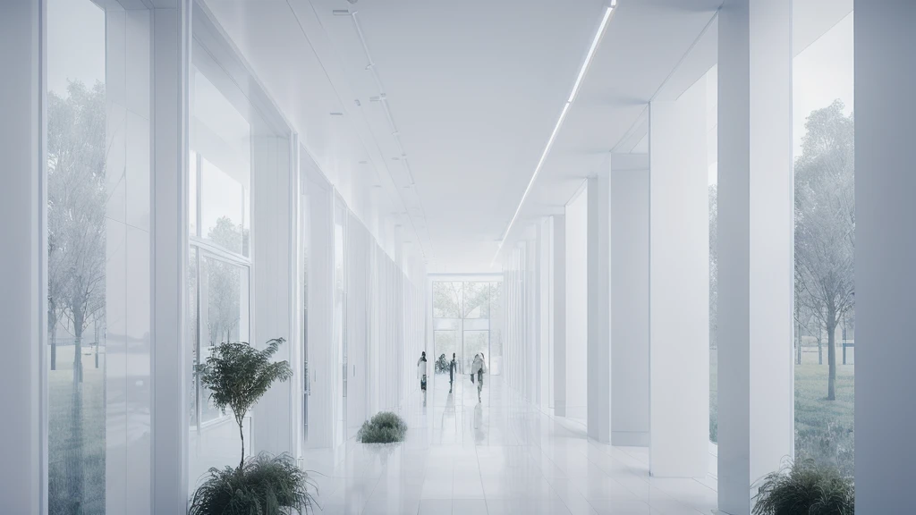 there is a long hallway with a lot of windows and trees, hallway landscape, all white render, infinite hallway, white minimalist architecture, tall entry, inside a tall vetical room, well lit 3 d render, indoor liminal space, liminal space hallway, commercial lighting, corridor, white ceiling, minimalistic and beautiful, white building, crisp smooth clean lines