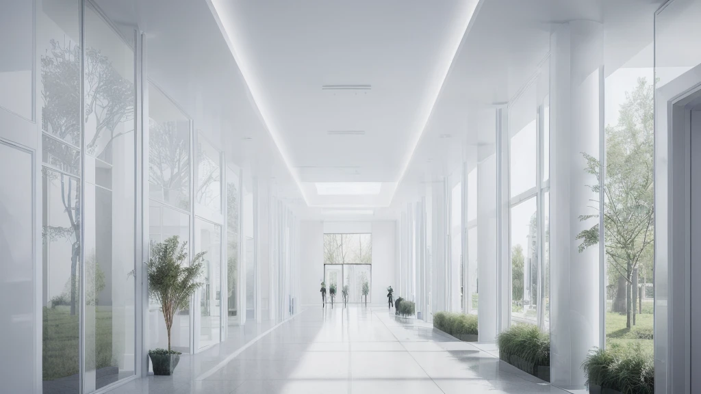 there is a long hallway with a lot of windows and trees, hallway landscape, all white render, infinite hallway, white minimalist architecture, tall entry, inside a tall vetical room, well lit 3 d render, indoor liminal space, liminal space hallway, commercial lighting, corridor, white ceiling, minimalistic and beautiful, white building, crisp smooth clean lines