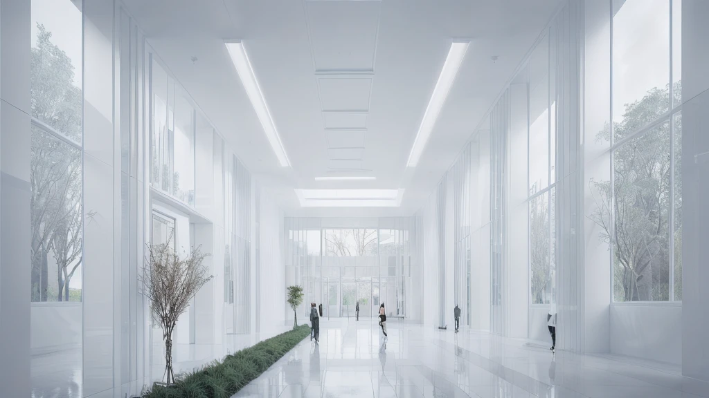 there is a long hallway with a lot of windows and trees, hallway landscape, all white render, infinite hallway, white minimalist architecture, tall entry, inside a tall vetical room, well lit 3 d render, indoor liminal space, liminal space hallway, commercial lighting, corridor, white ceiling, minimalistic and beautiful, white building, crisp smooth clean lines