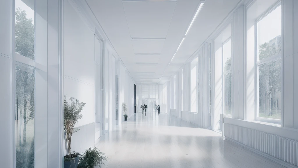 there is a long hallway with a lot of windows and trees, hallway landscape, all white render, infinite hallway, white minimalist architecture, tall entry, inside a tall vetical room, well lit 3 d render, indoor liminal space, liminal space hallway, commercial lighting, corridor, white ceiling, minimalistic and beautiful, white building, crisp smooth clean lines