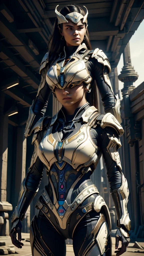 1girl, beautiful detailed eyes, beautiful detailed lips, extremely detailed face, intricate details, futuristic warrior, advanced alien technology, ancient tradition, hidden extraterrestrial arsenal, powerful blasters and blades, masterfully wielding otherworldly weapons, determined expression, epic sci-fi fantasy, cinematic lighting, vibrant colors, dramatic composition, photorealistic, 8k, highly detailed, concept art style Without vulgarity 