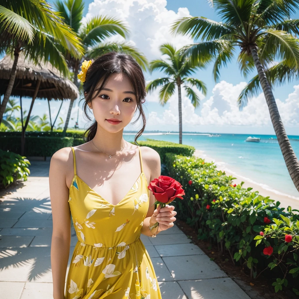 Wearing a yellow dress、A woman enjoying vacation at a tropical resort。With a red rose in my hand。