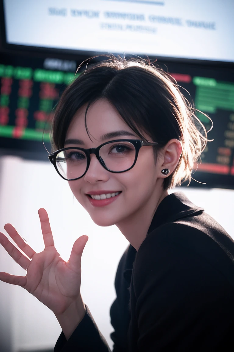 a girl with short hair, wearing transparent glasses, smiling and raising her hand, in a stock market setting, half-body shot, small ears, high quality, non-deformed, extremely detailed facial features, hyper realistic, 8k, photorealistic, vibrant colors, dramatic lighting, cinematic, beautiful, elegant, dynamic pose
