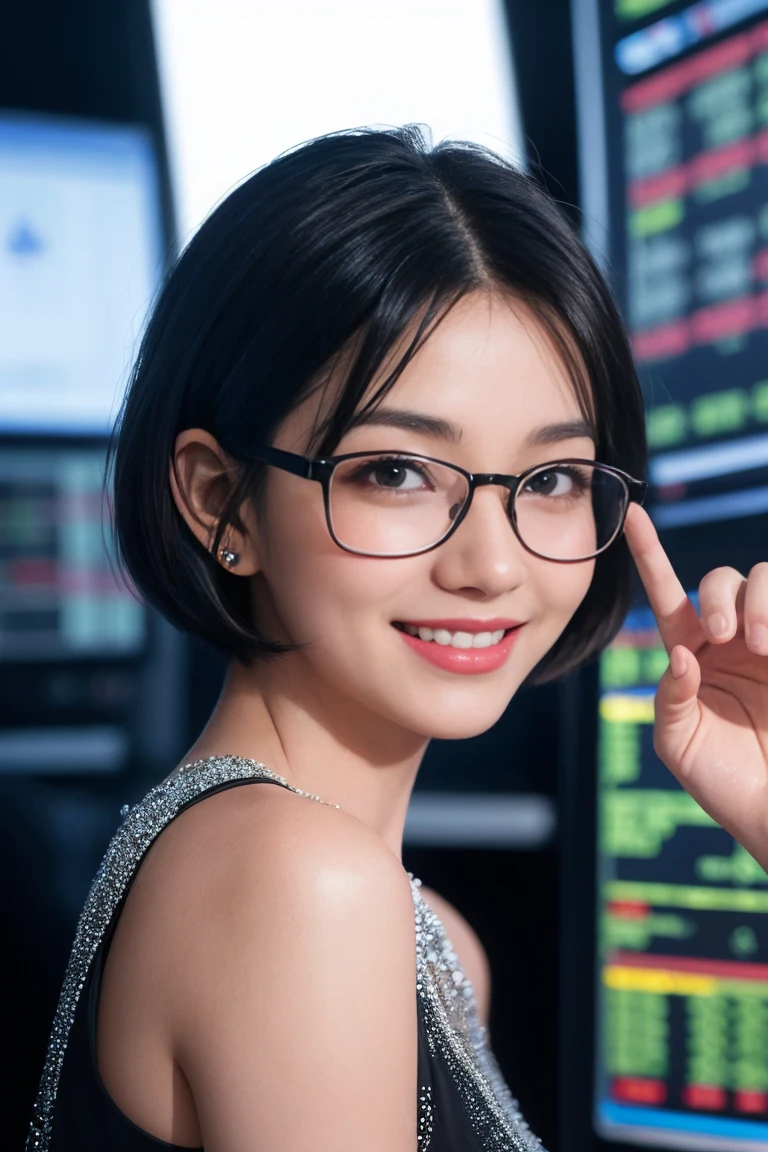 a girl with short hair, wearing transparent glasses, smiling and raising her hand, in a stock market setting, half-body shot, small ears, high quality, non-deformed, extremely detailed facial features, hyper realistic, 8k, photorealistic, vibrant colors, dramatic lighting, cinematic, beautiful, elegant, dynamic pose