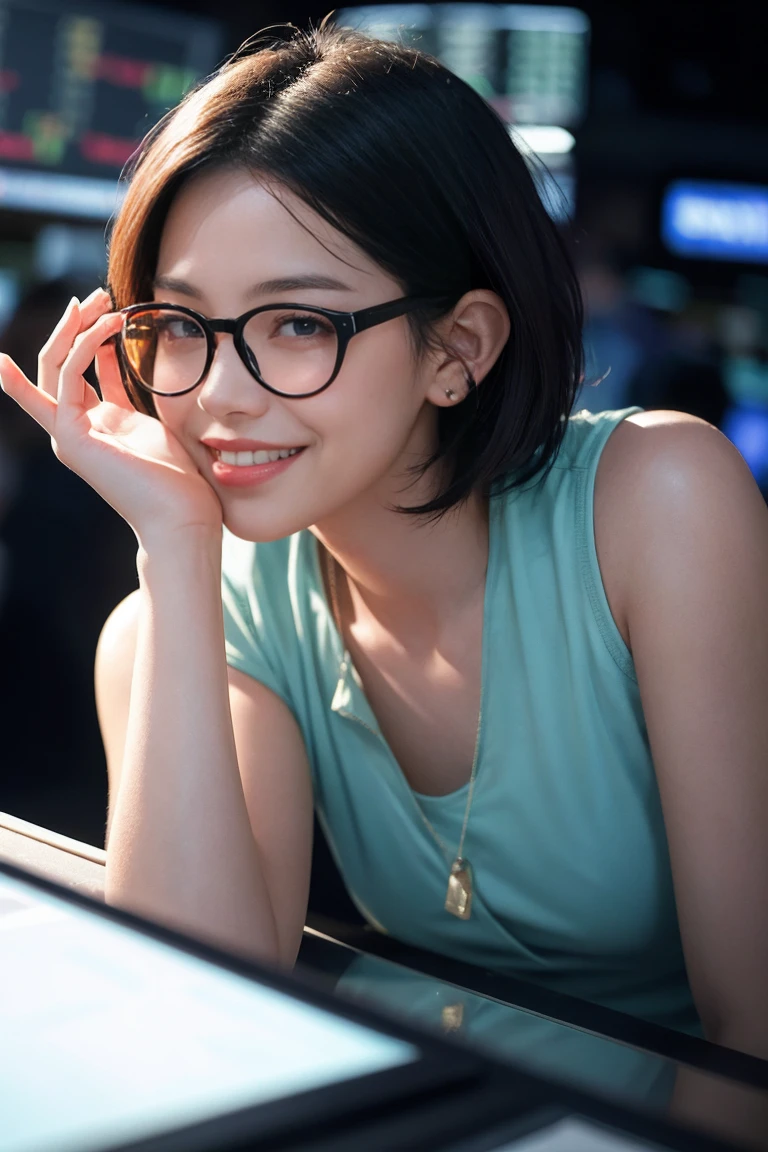 a girl with short hair, wearing transparent glasses, smiling and raising her hand, in a stock market setting, half-body shot, small ears, high quality, non-deformed, extremely detailed facial features, hyper realistic, 8k, photorealistic, vibrant colors, dramatic lighting, cinematic, beautiful, elegant, dynamic pose