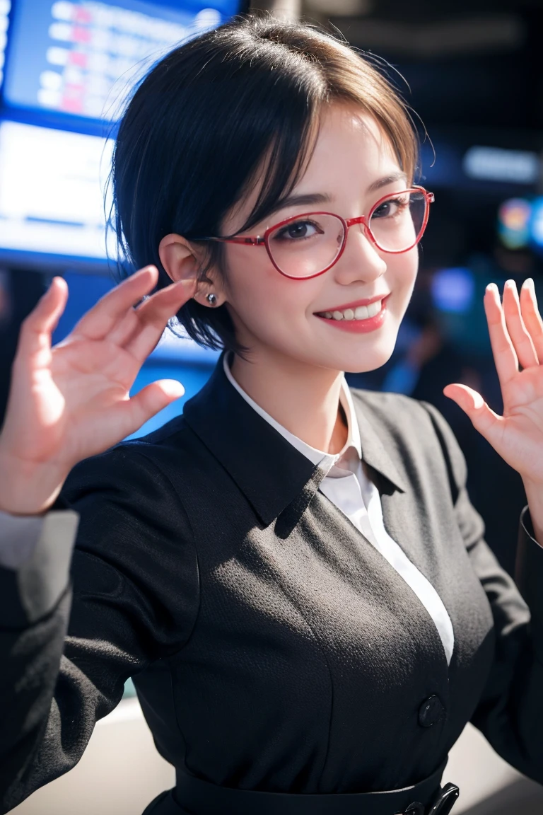 a girl with short hair, wearing transparent glasses, smiling and raising her hand, in a stock market setting, half-body shot, small ears, high quality, non-deformed, extremely detailed facial features, hyper realistic, 8k, photorealistic, vibrant colors, dramatic lighting, cinematic, beautiful, elegant, dynamic pose