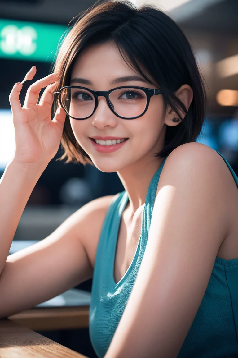 a girl with short hair, wearing transparent glasses, smiling and raising her hand, in a stock market setting, half-body shot, small ears, high quality, non-deformed, extremely detailed facial features, hyper realistic, 8k, photorealistic, vibrant colors, dramatic lighting, cinematic, beautiful, elegant, dynamic pose
