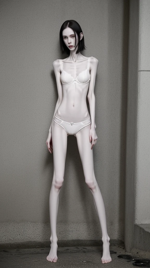 a woman, very thin body, body visible bones, very slender, pale white skin, panties, bra,tatto, full body, has a mental breakdown in an underground prison, sweaty weat body, cramic floor