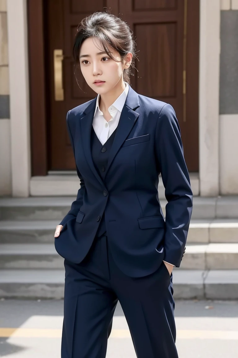 A female detective is wearing a suit and pants。Clothes torn、After being raped。