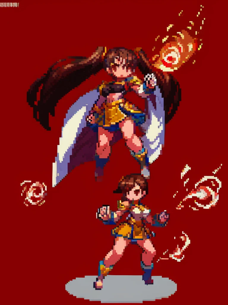 masterpiece, Highest quality, 8K, Pixel Art, ((One woman)), whole body, fine, fineな顔, Chinese clothing, Brown Hair, Ring-shaped hair, Twin tails, Roundhouse kick, kick trajectory, Fire effect, Red effect background, Get a gacha character