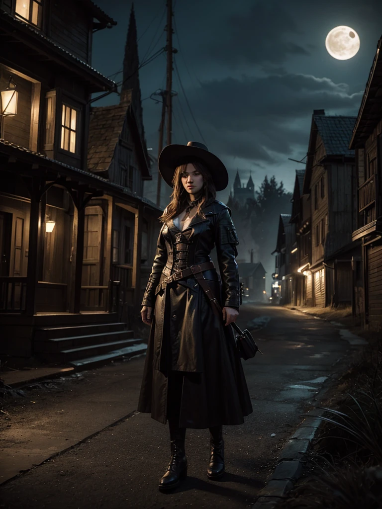 A woman bountin hunting, like van Helsing dressed, darker, hunting hat, in a dessert town, at the night, creatures on the air, on the houses. HDR, light and shadows, high details, photography style, wide view, not lights ath the night, only moon light. Cinematography style, master piece, cinematic illumination.
Hyperealismo, cinematic style, Ultra realism, HDR, cinematic lighting, unity rendering, high detail, 4k resolution, vfx effects.